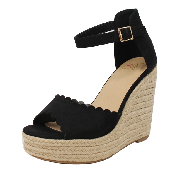 Shoes - Black faux suede Peep Toe Ankle Strap Espadrille